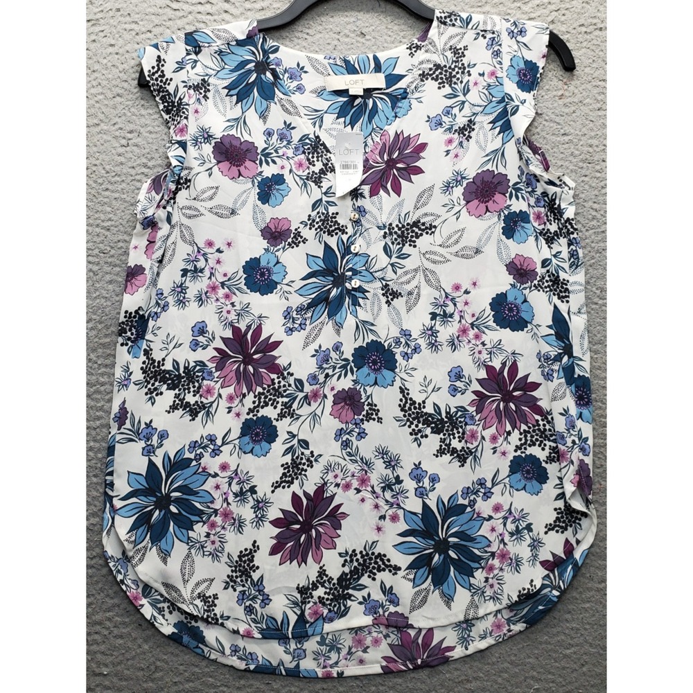 LOFT Blouse Top Womens S Multi Floral Sleeveless V-Neck Round Hem Button Front